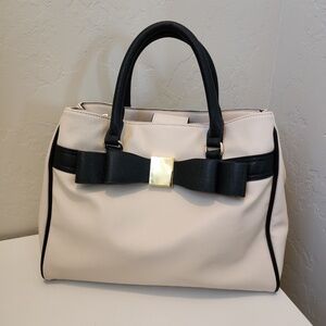 Merona Cream Hand Tote Bag Or Crossbody Bag With Detachable Strap Black Bow